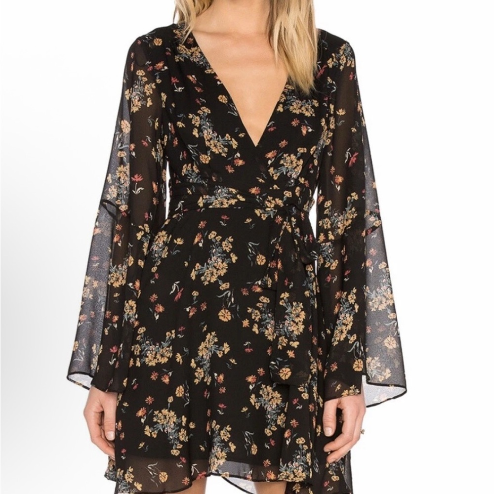 Free People Lilou Printed Mini Dress Black Floral Bell Sleeve V-Neck Waist Tie